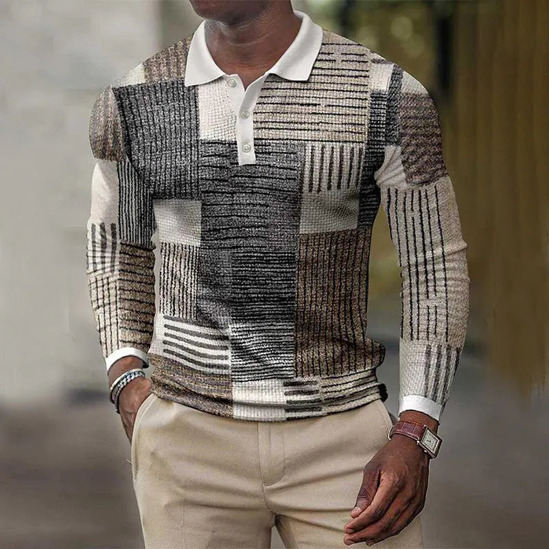 Man wearing striped long-sleeved casual top with 3D printed pattern in polyester fabric