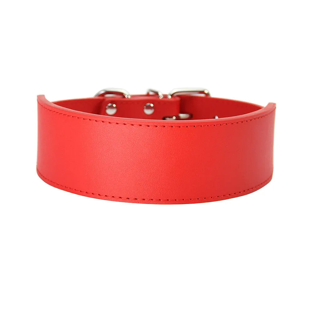 Fish-shaped leather dog collar for large dogs in red, blue, black, pink, or brown.