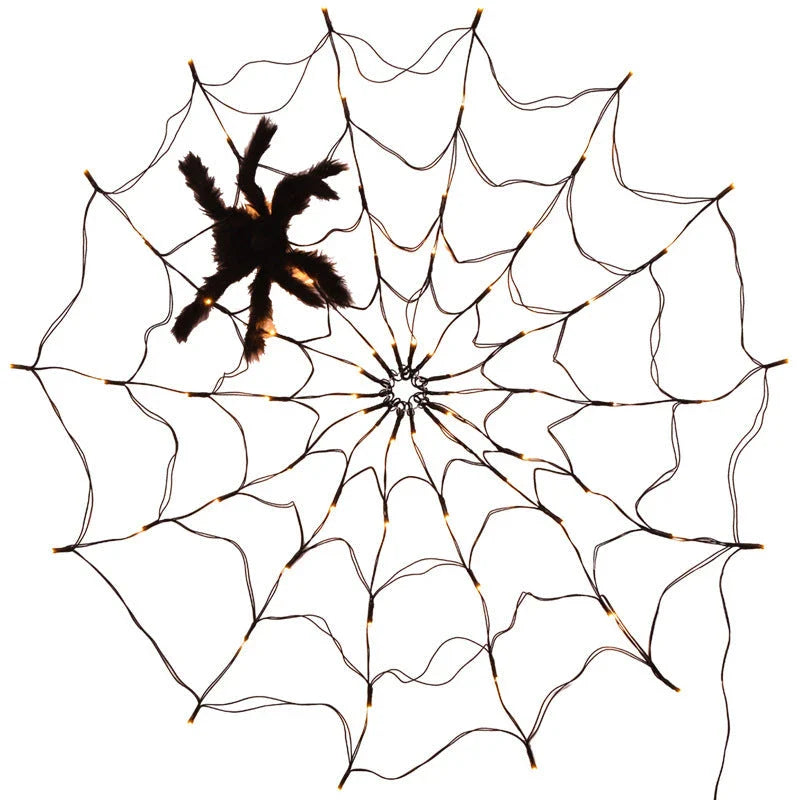 Spooky Halloween spider web string lights with 70 LED lights and realistic furry spider, perfect for indoor or outdoor decoration