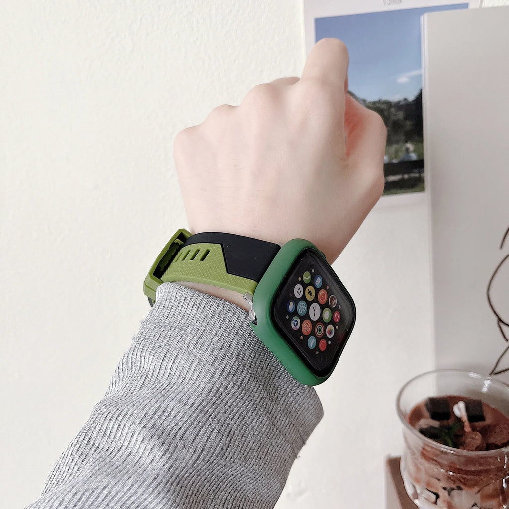 Silicone Apple Watch strap and matching protective case in black and white, two-tone design, for 44mm case size