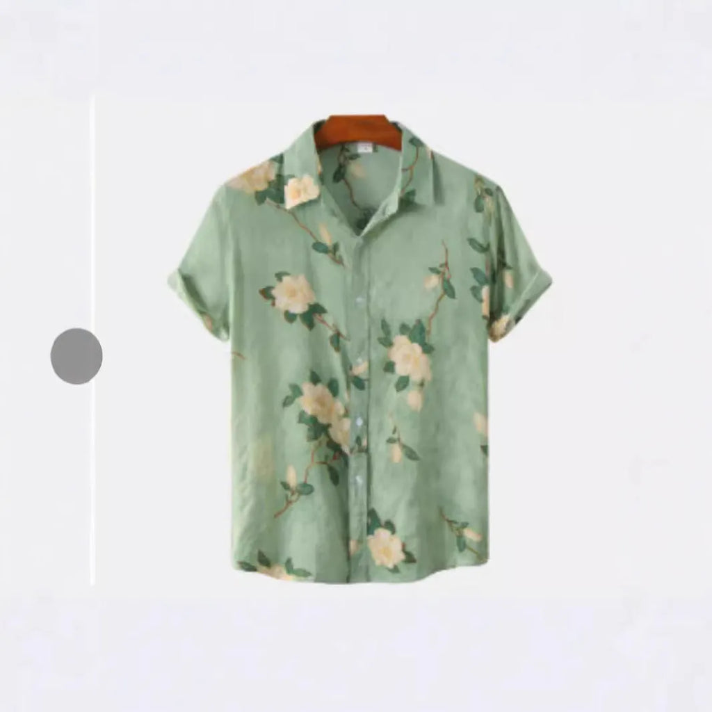 Hawaiian floral print short sleeve shirt with lapel collar in elastic polyester fabric.