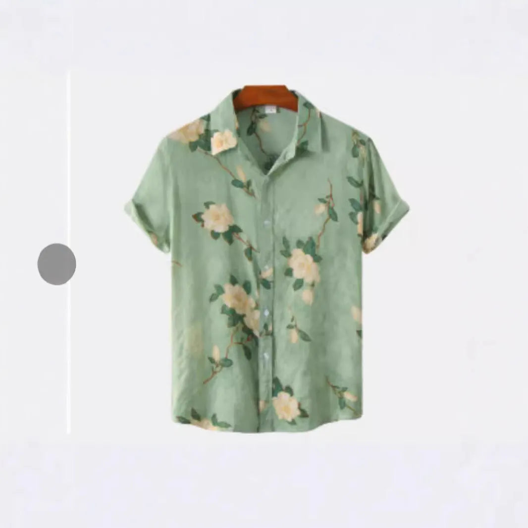 Hawaiian floral print short sleeve shirt with lapel collar in elastic polyester fabric.