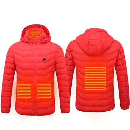 Men's electric heated puffer jacket with insulated hood for skiing