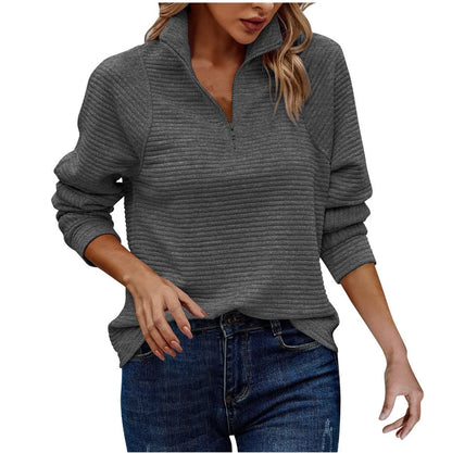 Women's zipper stand collar pullover sweatshirt with striped long sleeve in various colours