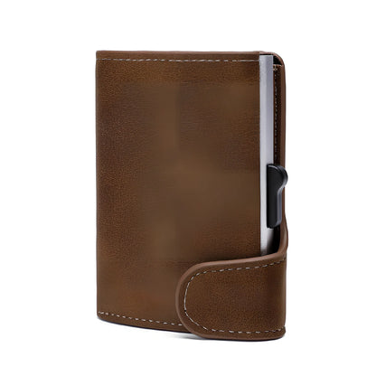 Black Crazy Horse leather aluminium card case wallet, 9.5 cm slim design with magnetic buckle and coin slot