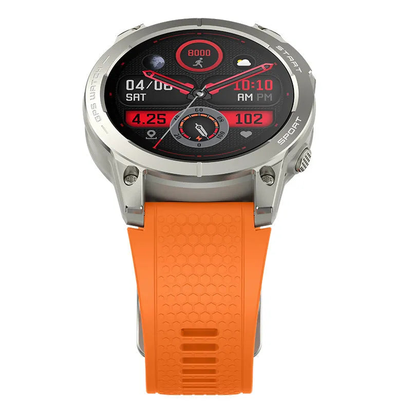 Black or orange GPS sports smart watch with 1.43 inch touch screen showing health metrics