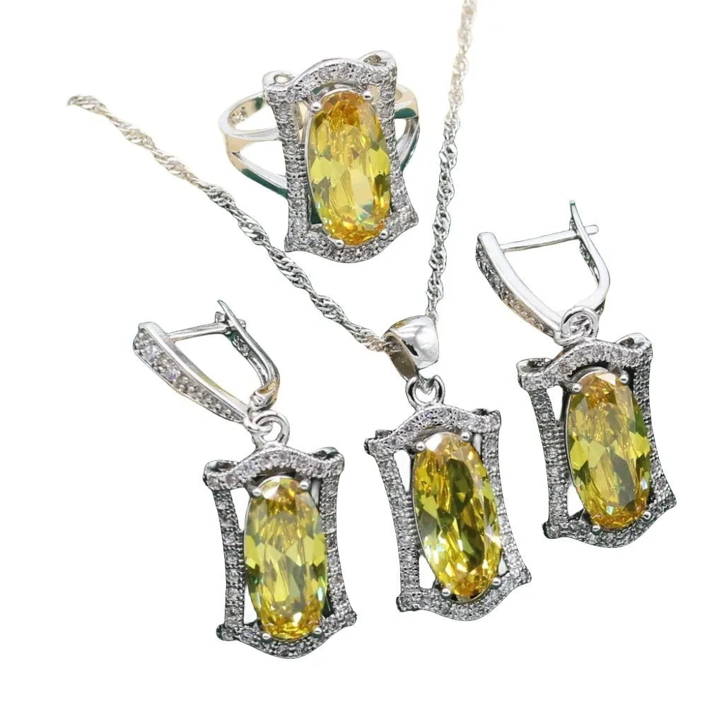 Anti-allergy zircon jewellery set with necklace, earrings, ring and bracelet in yellow alloy