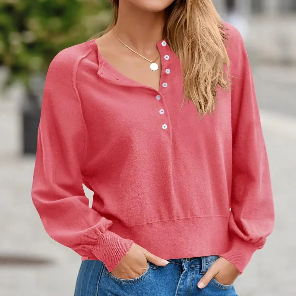 Women's knitted V-neck sweater with loose lantern sleeves in Army Green colour