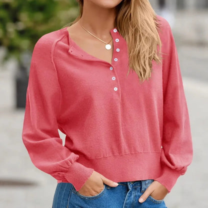 Women's knitted V-neck sweater with loose lantern sleeves in Army Green colour