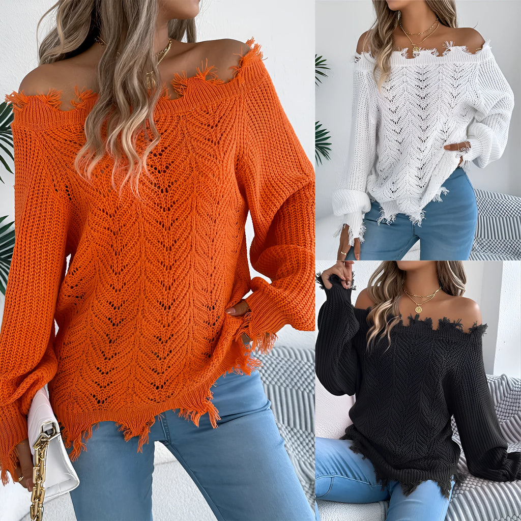 White cut-off shoulder pullover sweater with hollow-out detailing and long sleeves.