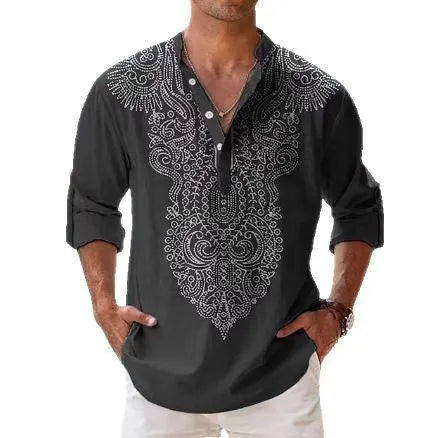 Summer printed shirt with striped pattern and stand collar in polyester fibre, loose fit
