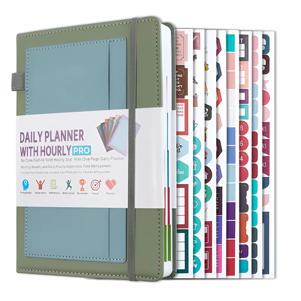 No date journal notebook with elastic strap closure in purple, showing thread binding and thick paper.