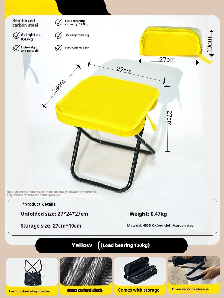 Lightweight foldable camp chair stool in oxford cloth shown in khaki colour, folded compactly.