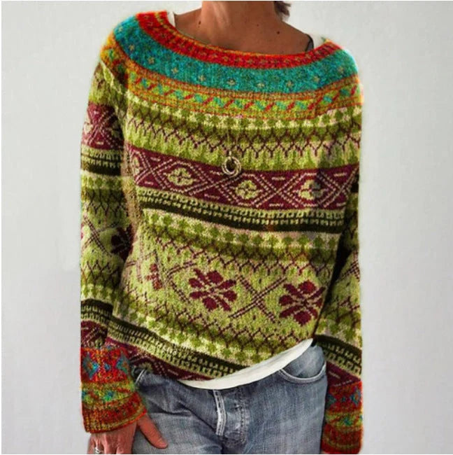 Women's loose multicolor acrylic pullover sweater with round neck, available in various colours and sizes.