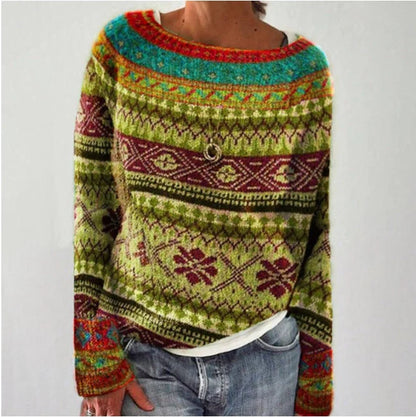 Women's loose multicolor acrylic pullover sweater with round neck, available in various colours and sizes.