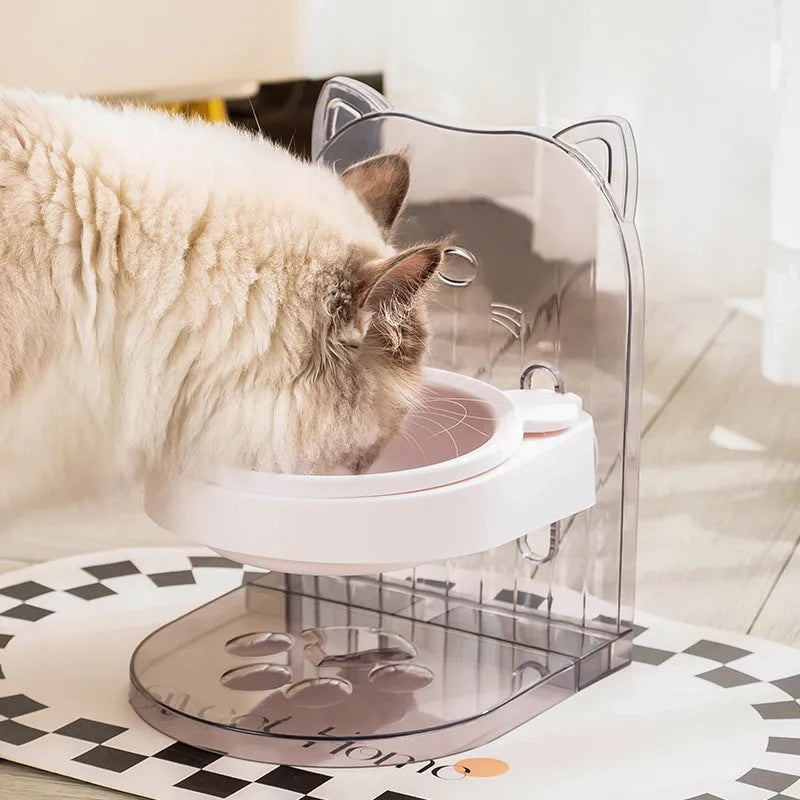 Grey cat feeding bowl with anti-spill cat ears design and adjustable height mechanism