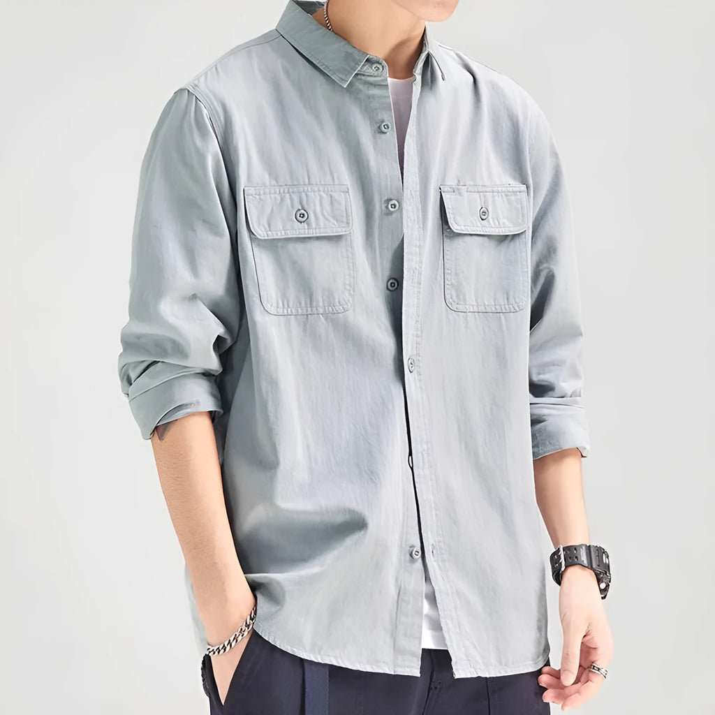 Man's loose fitting long sleeve cardigan shirt in light grey, black, khaki, or green.