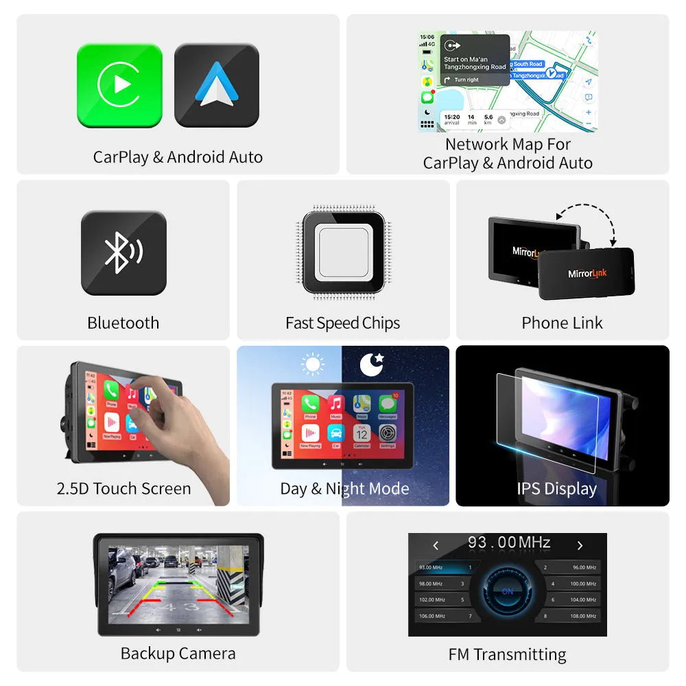 7 inch wireless CarPlay display for car dashboard with suction cup mount and cigarette lighter power cable