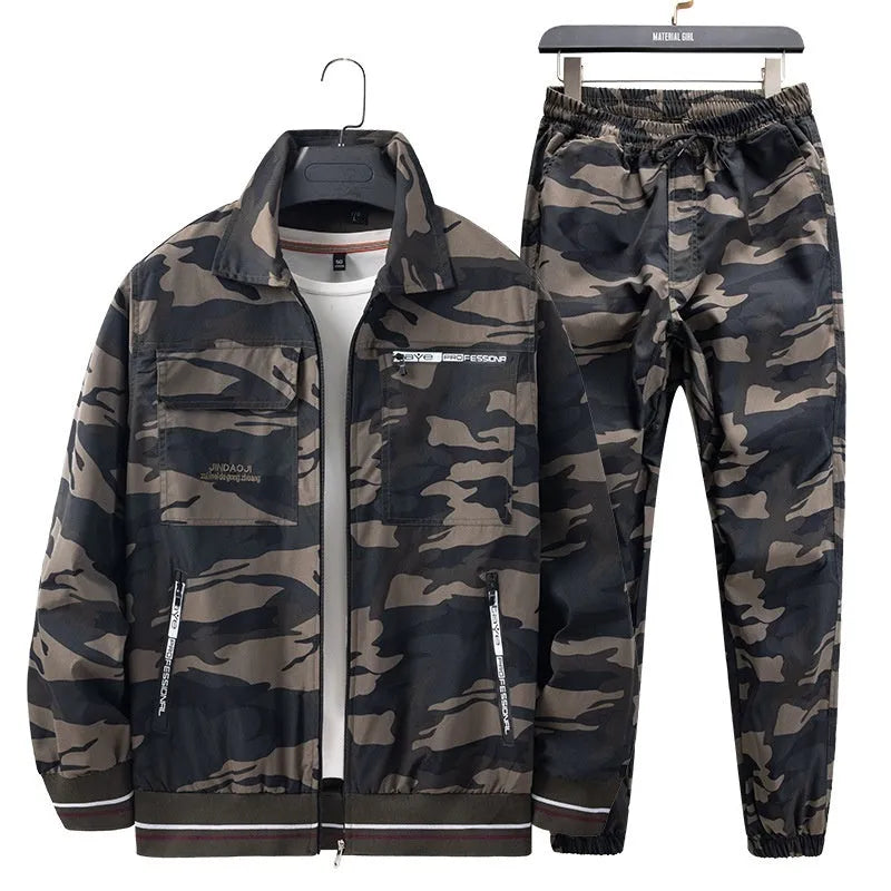 Men's thin camouflage cargo pants suit set in army green, polyester, lightweight workwear
