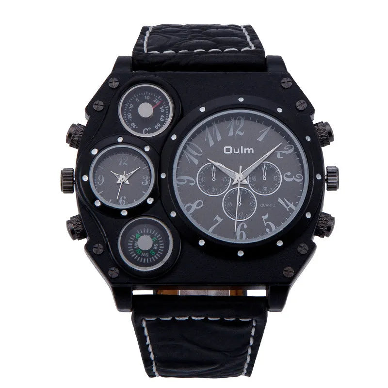 Two Places Travel Time Watch casual mens with brown/black dial, luminous hands, PU strap