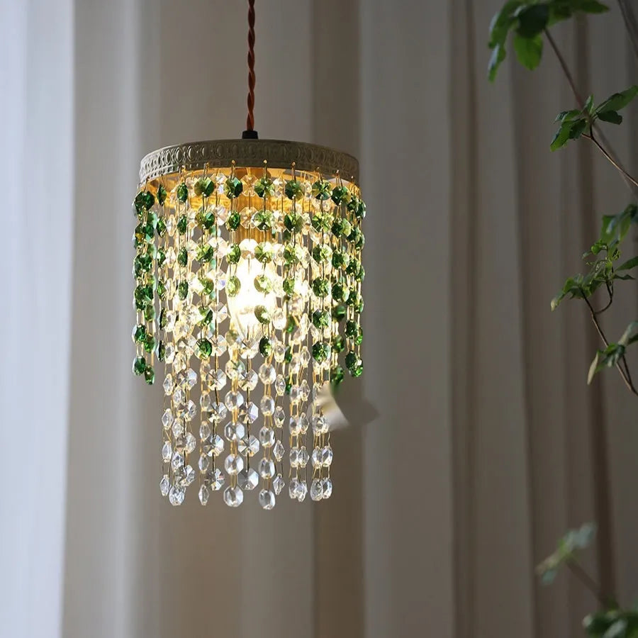 Retro green glacier crystal small droplight on bedside table showing warm LED light from E14 4W bulb