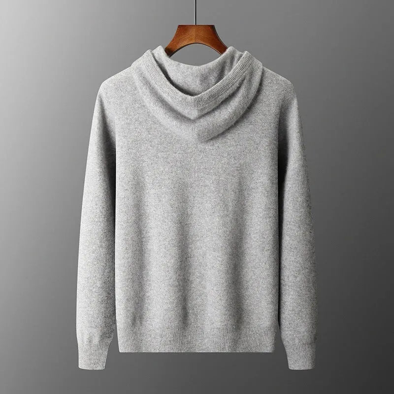Men's light grey hooded knitted sweatshirt and matching trousers casual winter set.