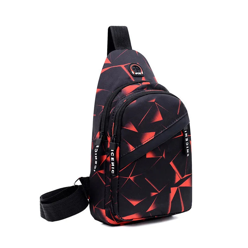 A blue print sling chest bag for men with an earphone hole, shown in a square vertical crossbody style.
