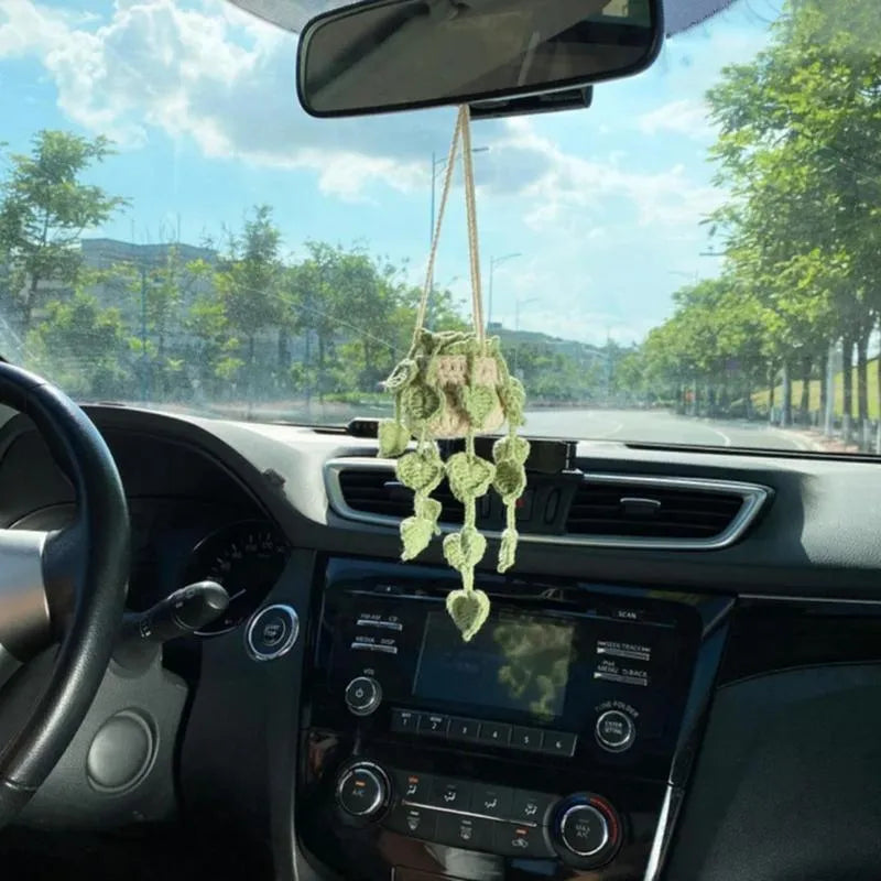 Green and white knitted wool car dashboard plant ornament with hanging rope
