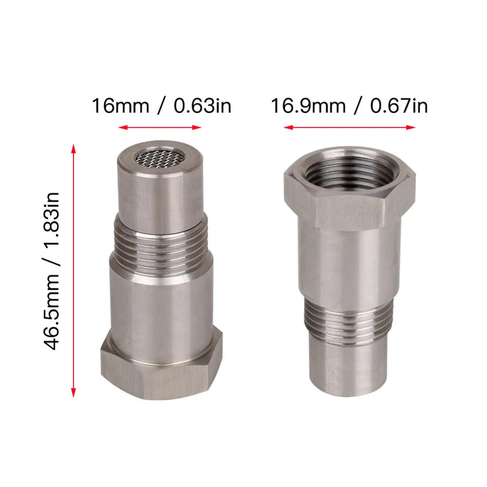 Silver stainless steel M18*1.5 oxygen sensor adapter 46.5mm length on black background