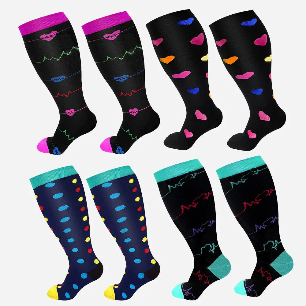 Plus-size compression socks in various stylish patterns for improved leg health and comfort