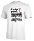 Men's solid white short sleeve polyester t-shirt laid flat, showing straight cut and casual style.