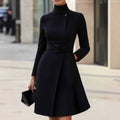 Women's long sleeve bohemian dress with high waist and stand collar in polyester fabric
