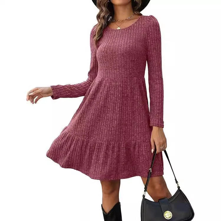 Solid colour round neck knitted dress sweater with long sleeves in various colours