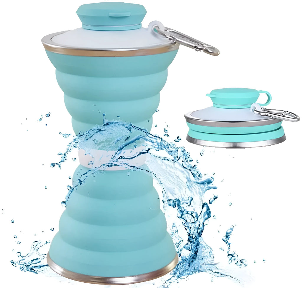 500ml collapsible silicone travel cup shown folded and unfolded with hanging rope and stainless steel rim