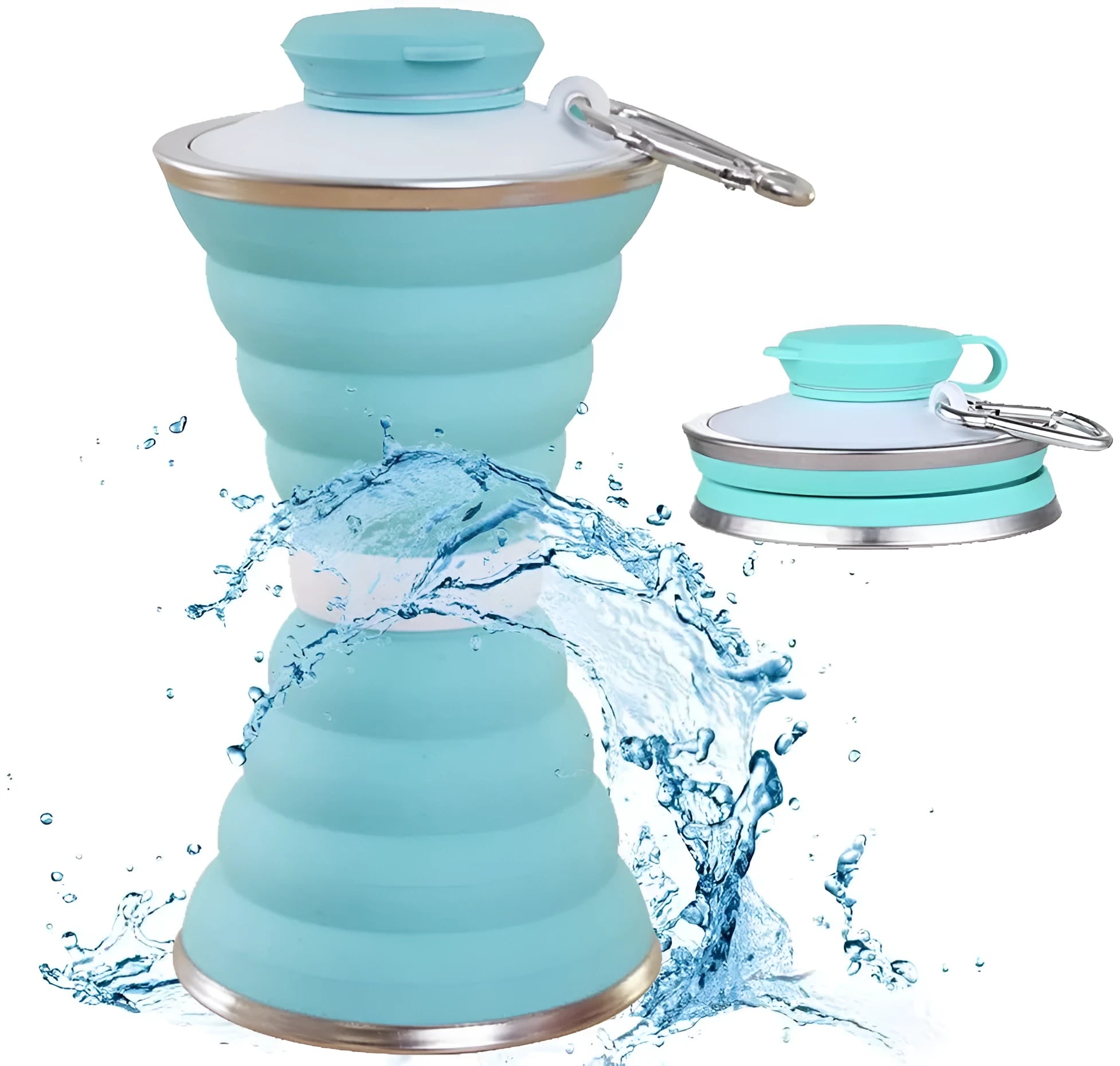 500ml collapsible silicone travel cup shown folded and unfolded with hanging rope and stainless steel rim