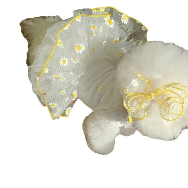 Yellow daisy print dog t-shirt on mannequin showing lightweight polyester summer pet clothing