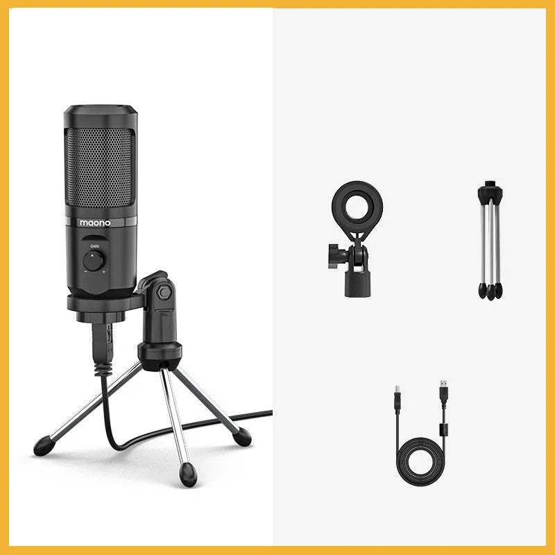 USB condenser microphone on a tripod with shock mount and data cable for computer and mobile recording