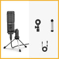 USB condenser microphone on a tripod with shock mount and data cable for computer and mobile recording