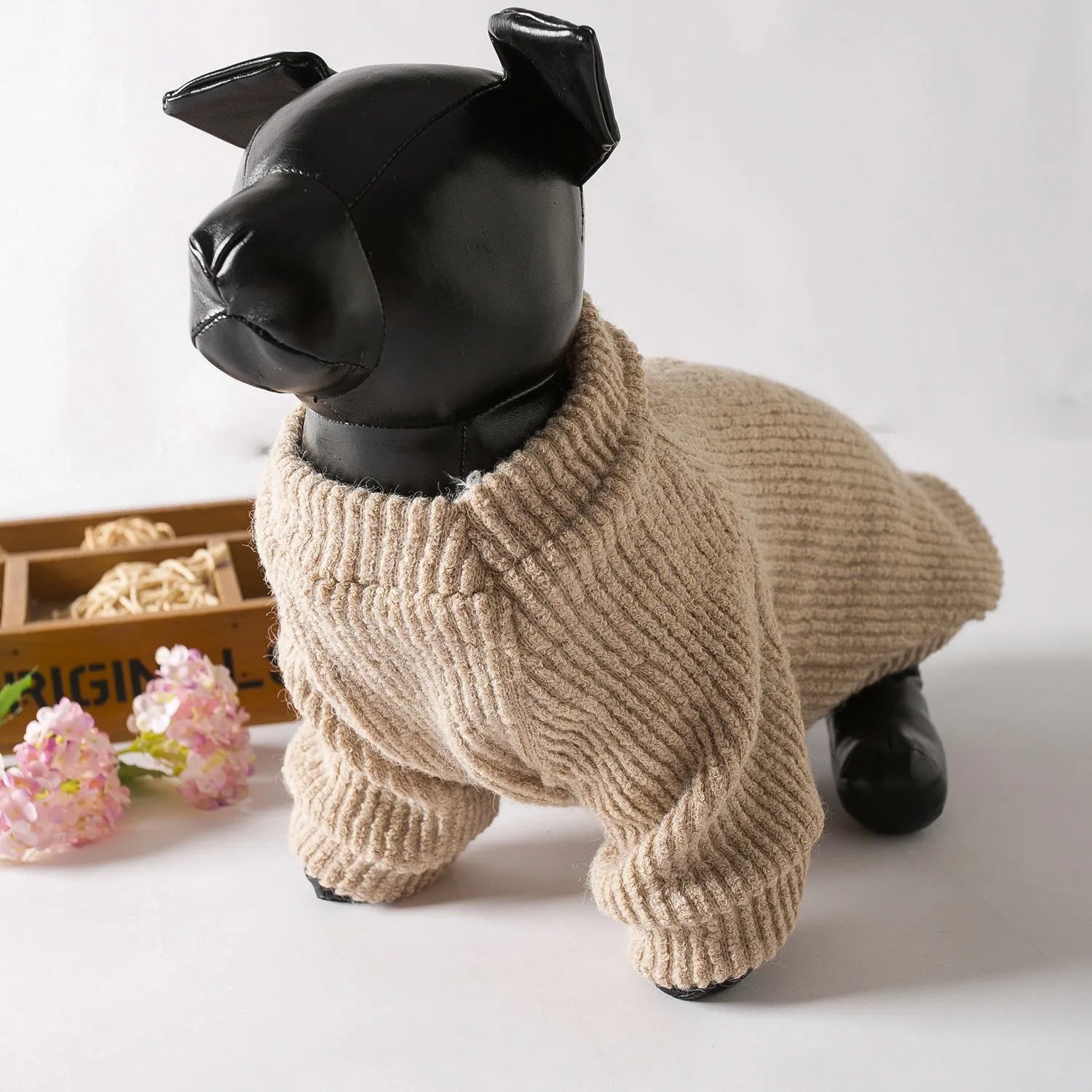 Brown knitted dog sweater jumper on a small dog, showing casual pullover design.