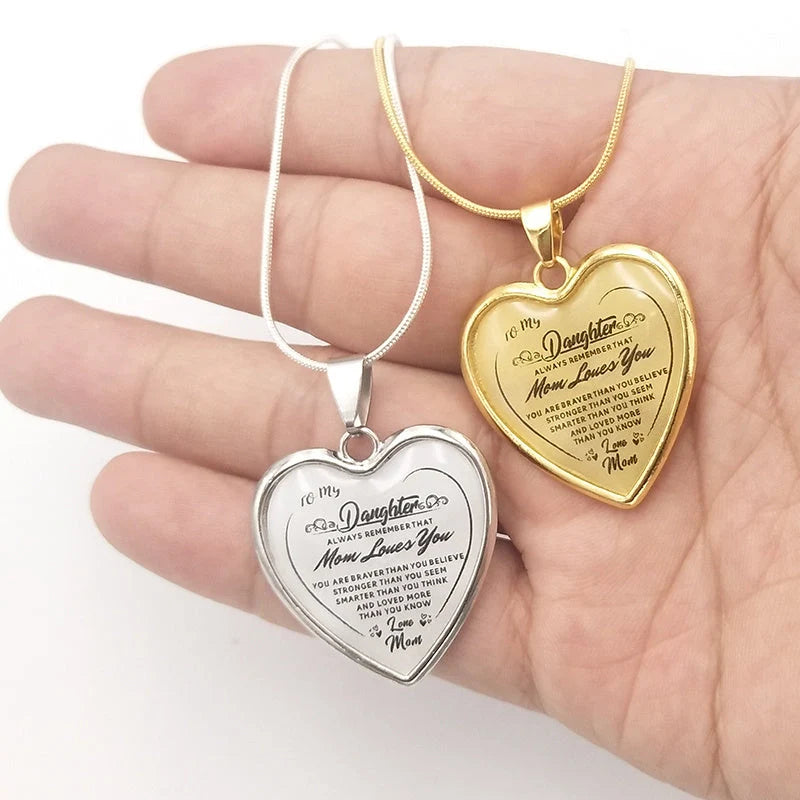 Heart-shaped epoxy necklace with inspirational message for daughters