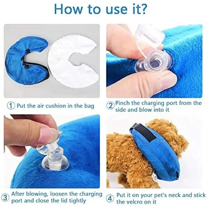 Blue inflatable dog recovery collar with velcro closure shown beside size measurement chart