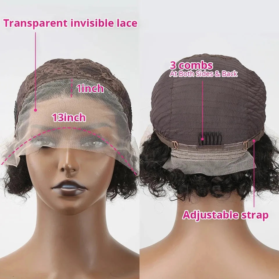 Black human hair lace front pixie wig in colour 13x1 on a stand.