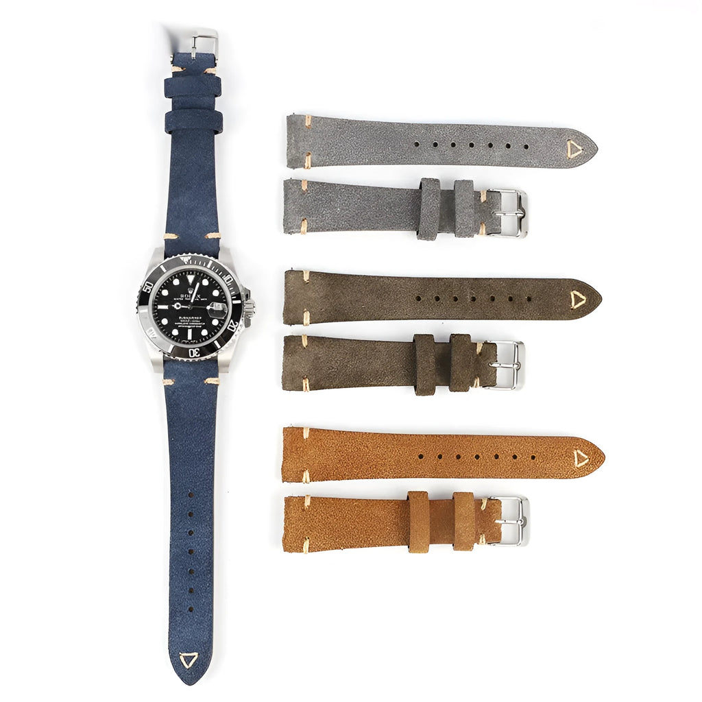 Genuine suède leather watch strap shown in brown, blue, grey, and Army Green colours for 20mm and 22mm watches.