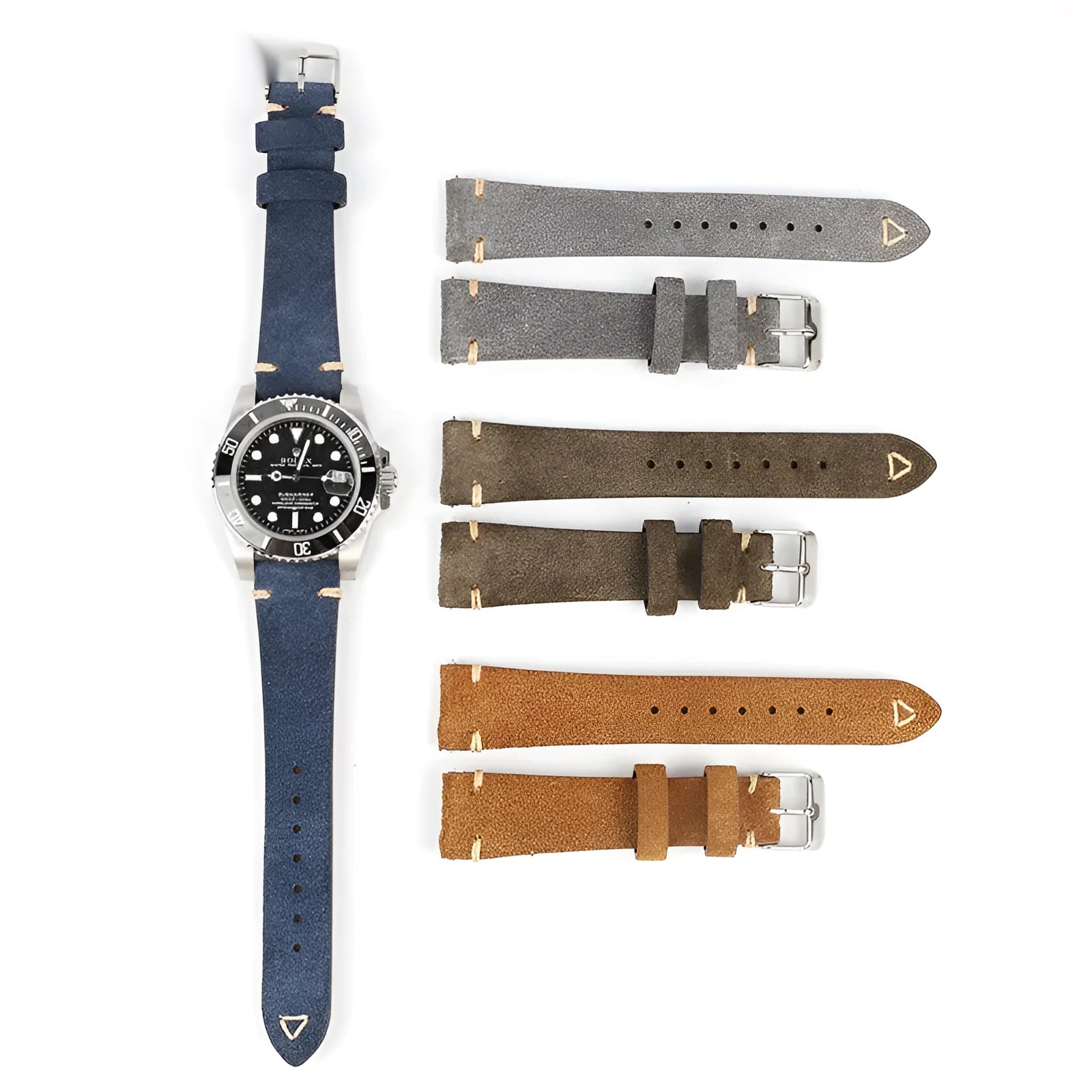 Genuine suède leather watch strap shown in brown, blue, grey, and Army Green colours for 20mm and 22mm watches.