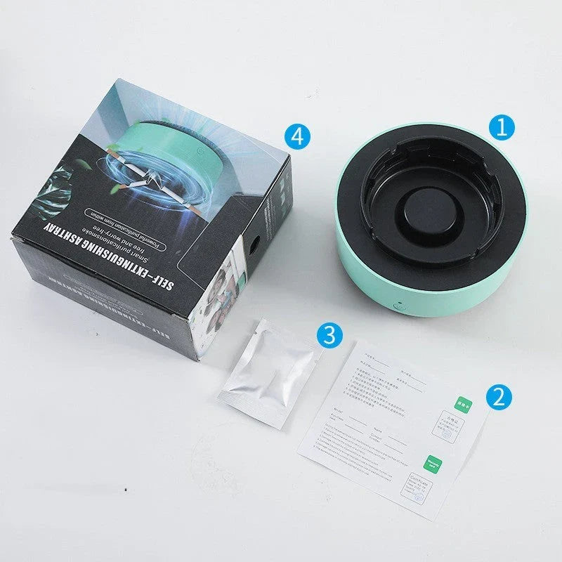 Stylish car ashtray with built-in air purifier for eliminating smoke and odors, featuring a compact, portable design and powerful 3600 RPM fan system.