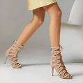 Women's jazz high heel booties in apricot with belt buckle and hollow mesh on the upper
