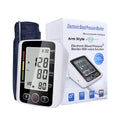 Automatic arm electronic blood pressure monitor with large screen on grey background.