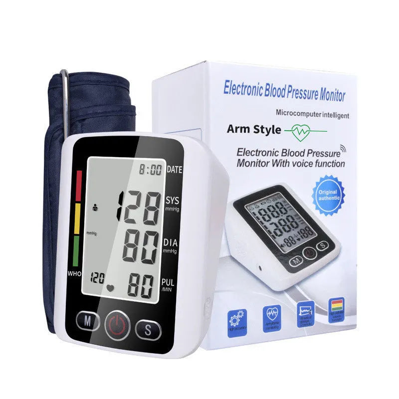 Automatic arm electronic blood pressure monitor with large screen on grey background.