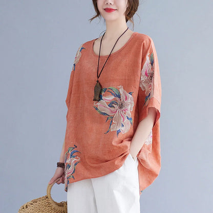 Korean cotton hemp half sleeve top with printing pattern in yellow and orange