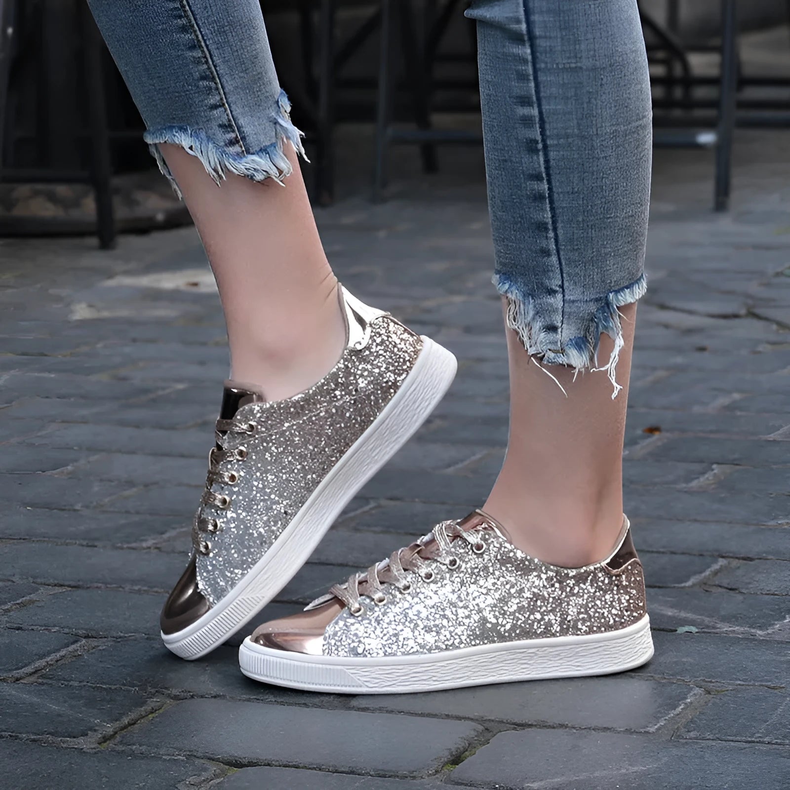 Women's black, pink, and gold sequined casual lace-up shoes with a round toe and leather lining.